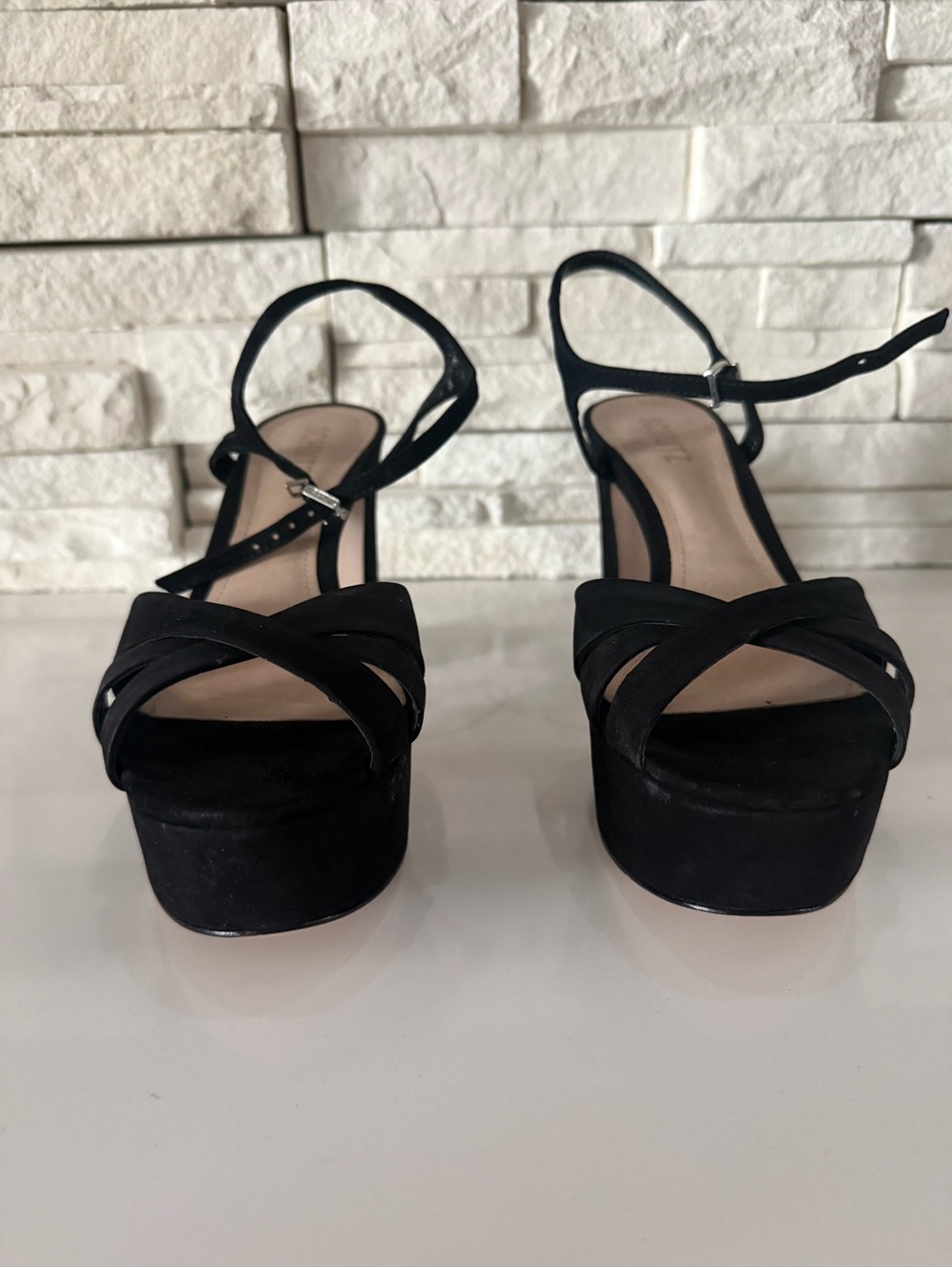 SCHUTZ Black Suede Platform Ankle-Strap Sandals